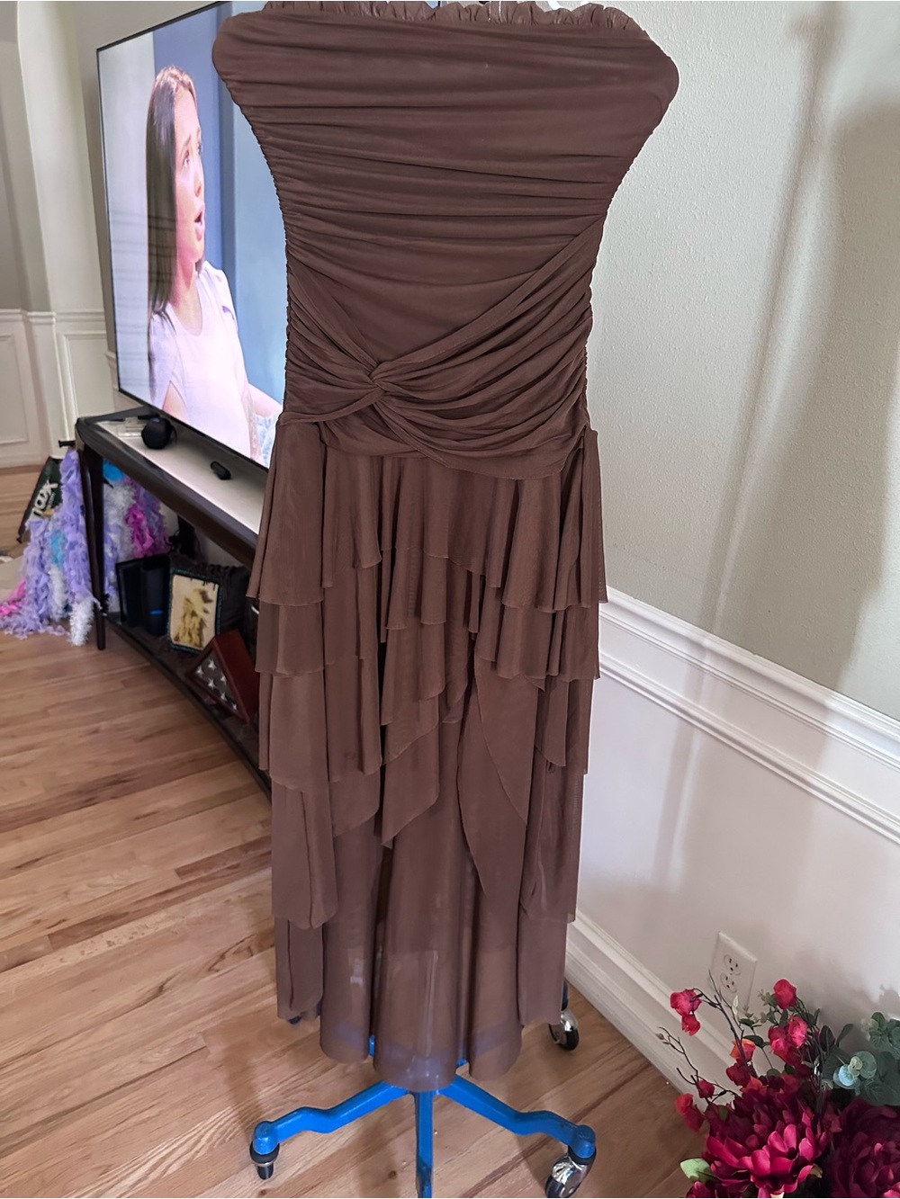 Altar'd State Brown Strapless Ruffled Layered Midi Dress